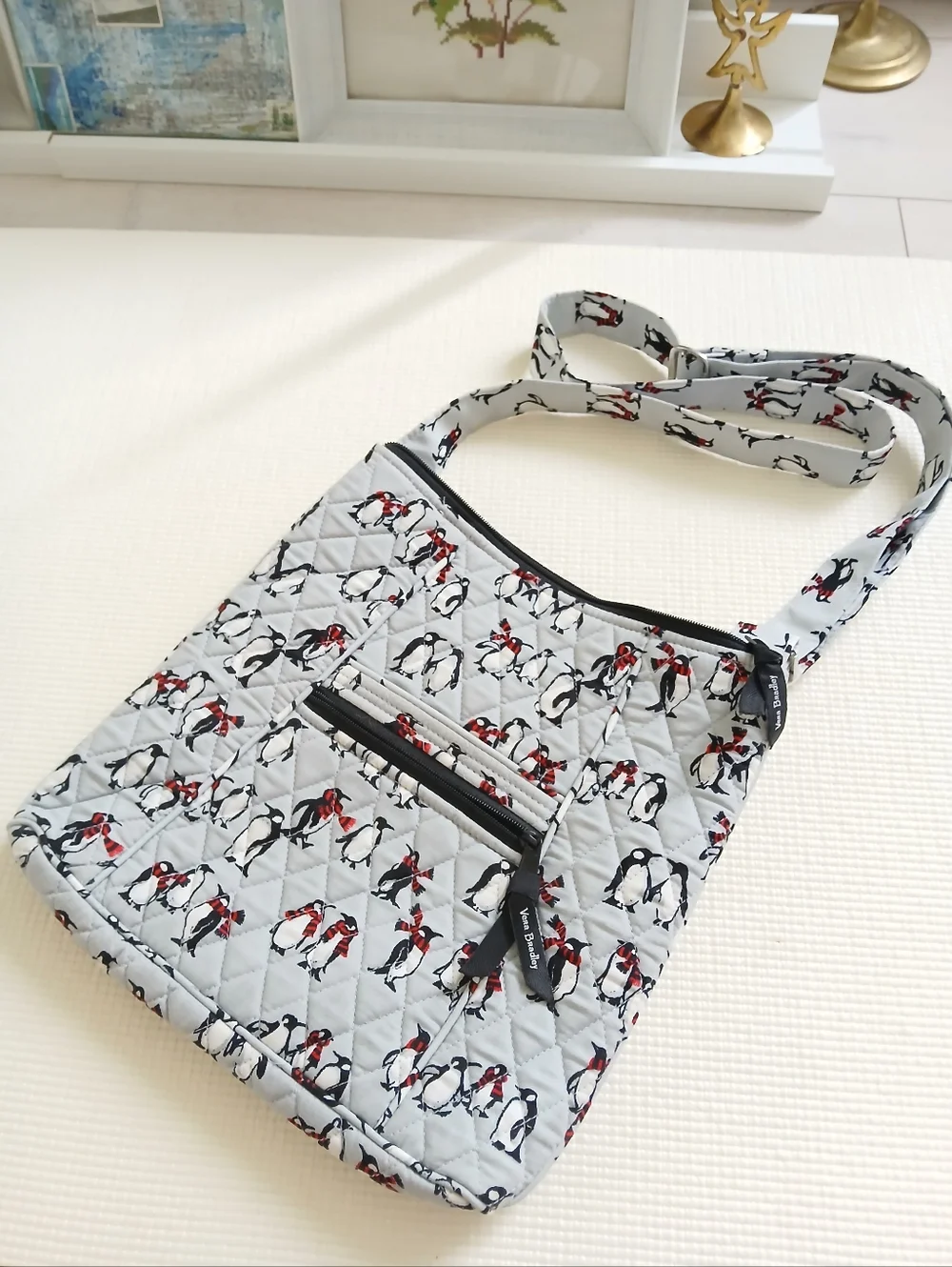 Vera Bradley Crossbody women   bag, penquins, light grey, pockets, zipper, mint - Picture 7 of 7